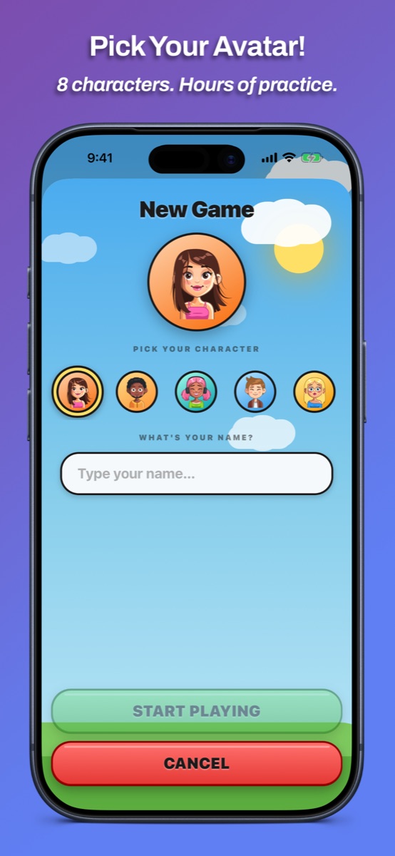 Pick your avatar — eight characters on iPhone.