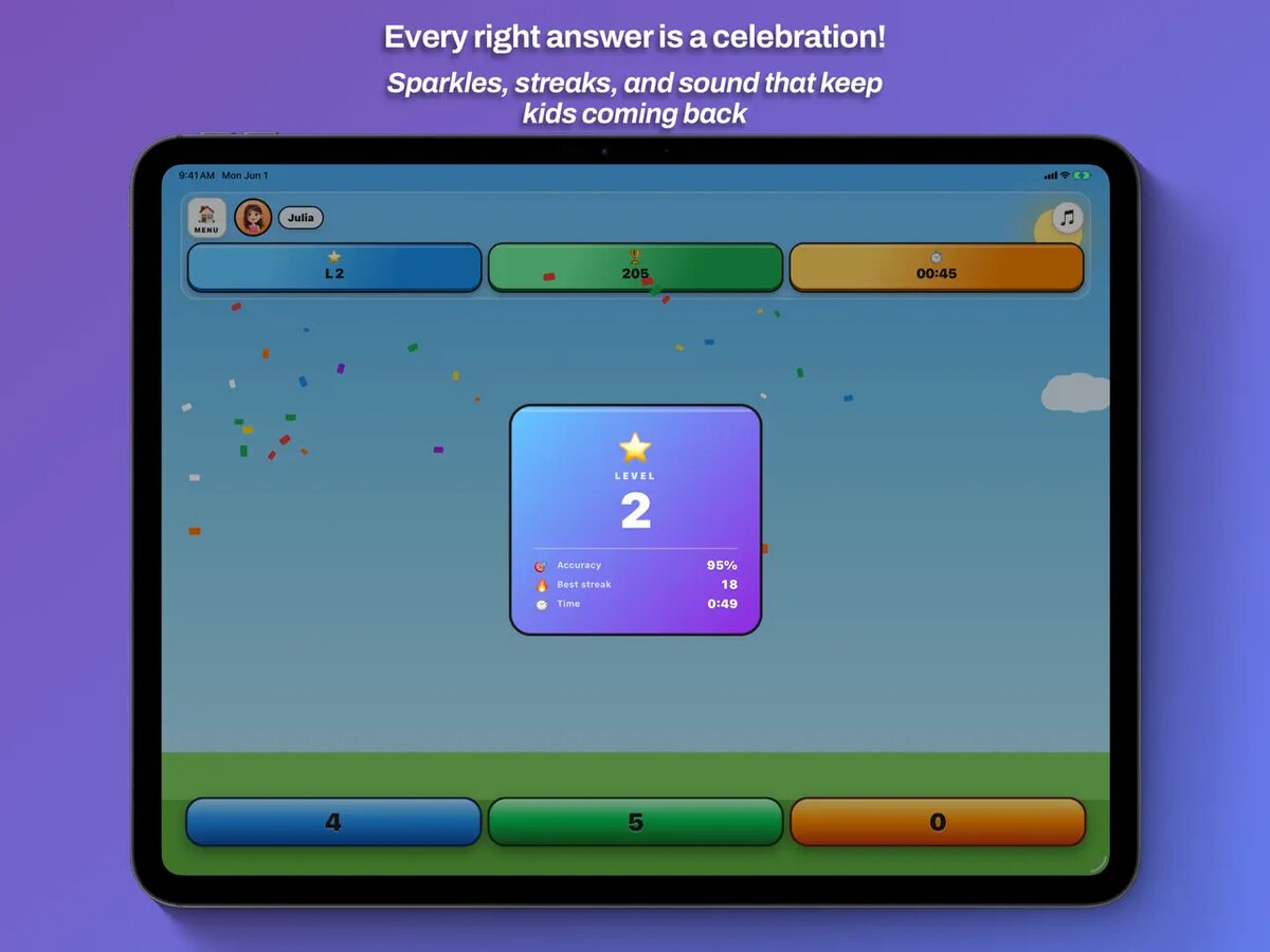 Every right answer is a celebration — sparkles, streaks, and a level-up banner on iPad.