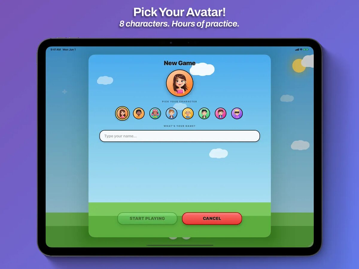 Pick your avatar on iPad — eight characters to choose from before starting a game.