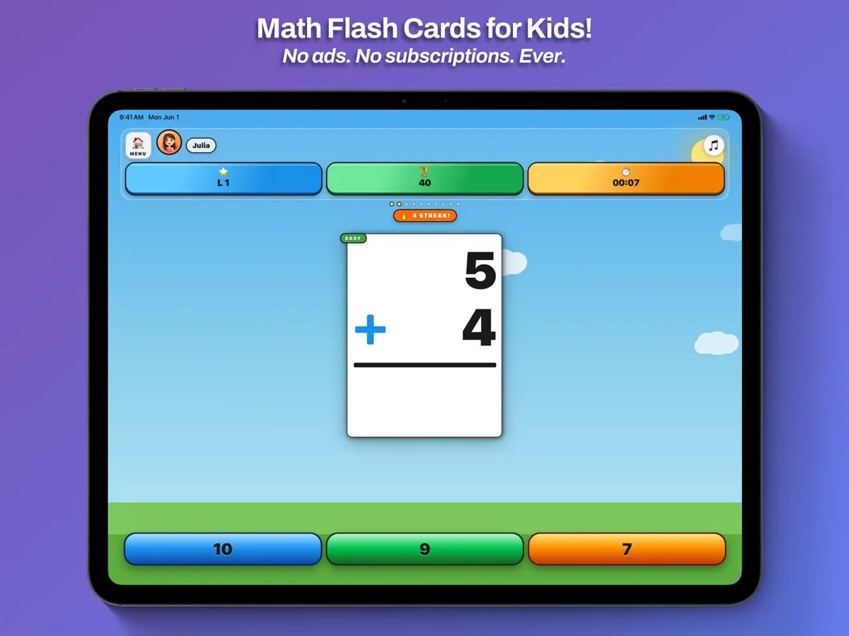 Top Dog Math on iPad — an addition flash card with big tap-to-answer buttons. No ads, no subscriptions.