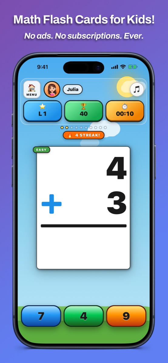 Top Dog Math on iPhone — an addition flash card with tap-to-answer buttons.