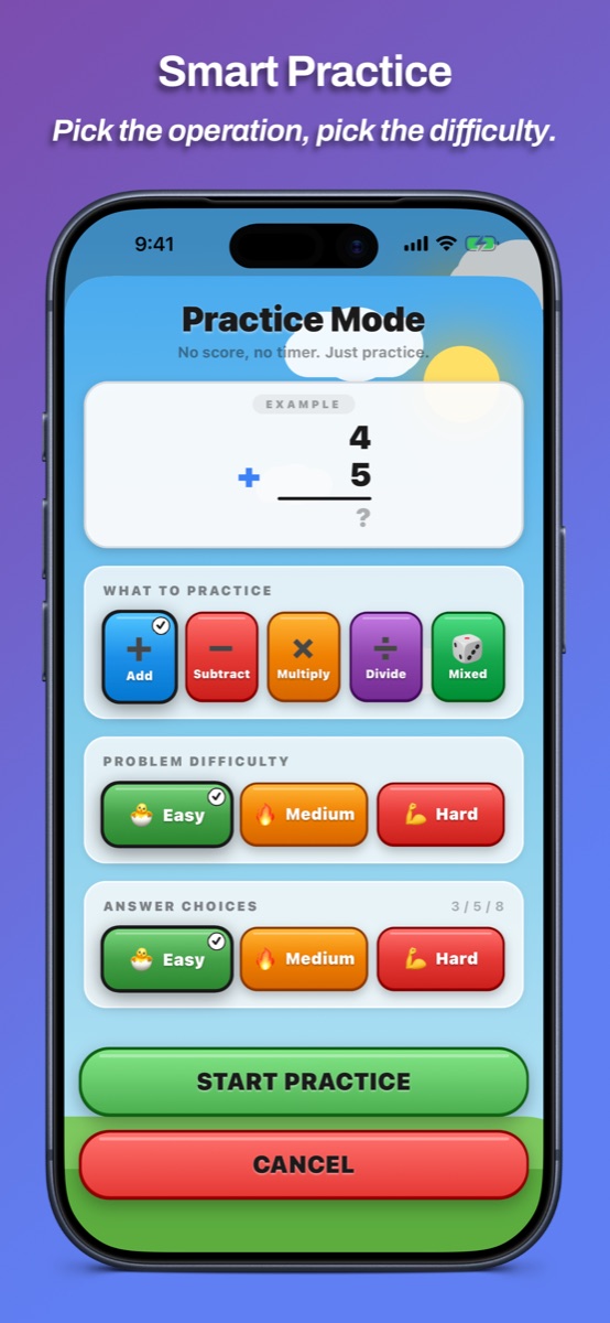 Smart Practice mode — pick the operation and the difficulty.